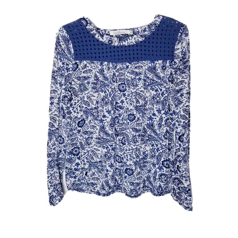 Solitaire Floral Eyelet Blouse Women Size Medium Blue White